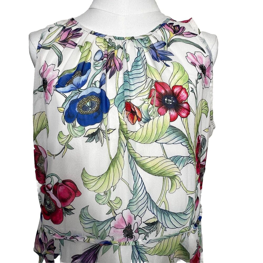 Floral Sleeveless Midi Dress Womens M White Pink Blue Botanical Layered Bodice - Picture 2 of 6